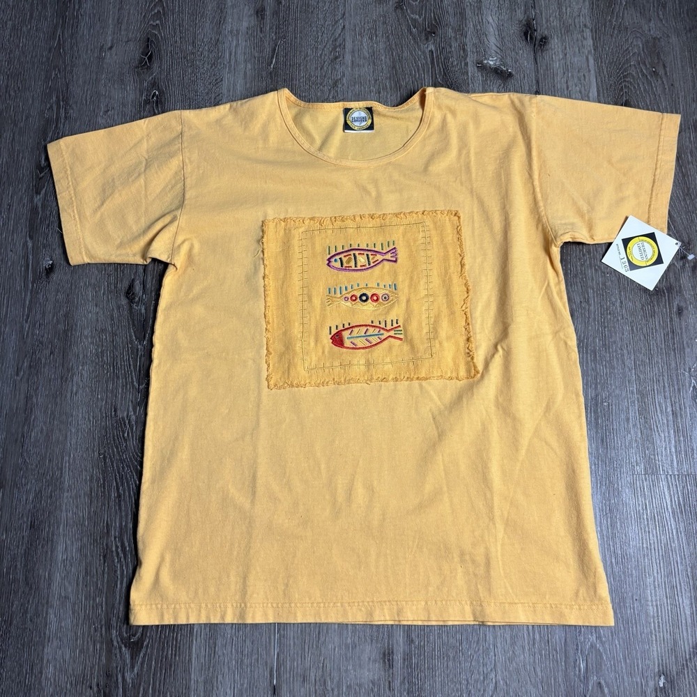 Designs Limited Los Angeles Women's M Embroidered Cotton Fish Gold Yellow Shirt‎